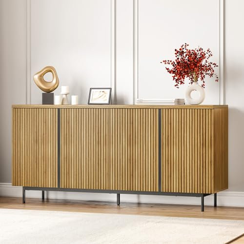 BELLEZE Sideboard Buffet Cabinet, 63 Storage Cabinet with Fluted Decorative Doors, Modern Console Table for Dinning Room, Kitchen & Living Room - Colemen (Camel)
