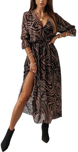 TOPLAZA Vestito Estivo Donna Abito Lungo da Spiaggia Mare Scollo v Maniche Corte, Marrone, M