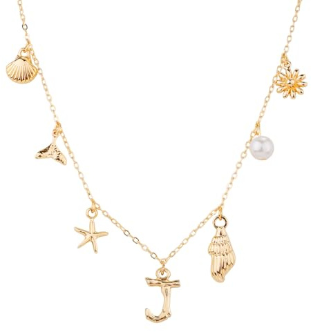 Mikovivi Collier à Breloques Initiales pour Femme, Doré Colliers avec Lettres Coquillage Coquillage Étoile de Mer Collier avec Pendentif Alphabet A-Z Bohème Bijoux Plage d'Été Cadeau pour Filles (J)