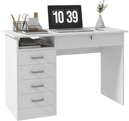HOMCOM Bureau Informatique Table d'ordinateur avec Grand Plateau, 5 tiroirs, 1 Compartiment Ouvert, tiroir verrouillable, Moderne 110 x 50 x 76 cm, Blanc