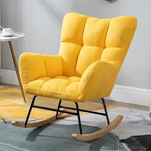ZXFDMSWJ Gepolsterter Schaukelstuhl, Schaukelstuhl fürs Wohnzimmer, Liegestuhl, Stoffbezug, Gleitschaukelstuhl mit hoher Rückenlehne, Moderne, Bequeme Schaukelstühle (gelb)