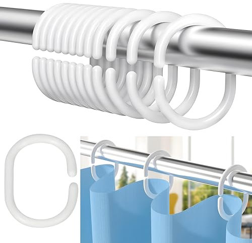 Anelli per Tende da Doccia 12 Pezzi,Anelli Tende in Plastica,Ganci per Tende da Doccia a Forma di C,Ganci per Tenda da doccia,per Bagno,Colore Bianco,per asta da Doccia