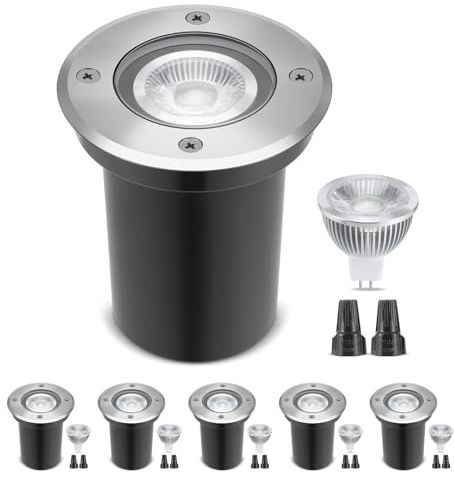 Gardencoin Low Voltage Landscape LED Well Lights, 12V in Ground Lights Outdoor IP67 Waterproof, 5 Tall Wired Landscape Up Lighting, Included Replaceable 5W 2700K MR16 Bulb Dimmable, 6 Pack