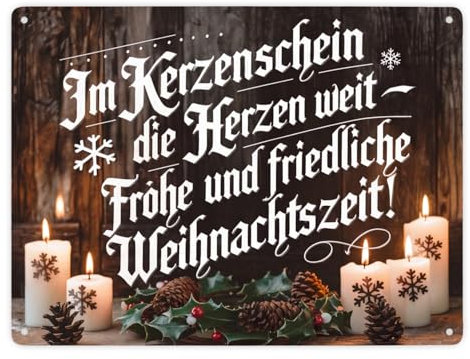 Im Kerzenschein Frohe Weihnachtszeit - Weihnachtsdesign Metallschild XXL in 28x38 cm Herzen mit Schrift Kerzen Stechpalmen Tannenzapfen schmücken das Design