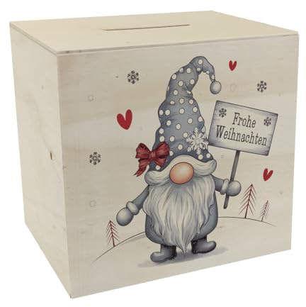 niedlicher Weihnachtswichtel mit Schild Spardose aus Holz - Frohe Weihnachten Perfekte Deko Wintergnom mit grauem Hut weißen Punkten rotem Detail - originelle Weihnachts-Spardose
