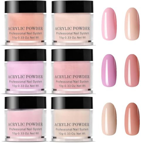 Set di 6 tonalità di polvere acrilica nude per extension e intaglio delle unghie finte, cristallo, rosa, arancione, senza bisogno di lampada, kit per unghie in acrilico