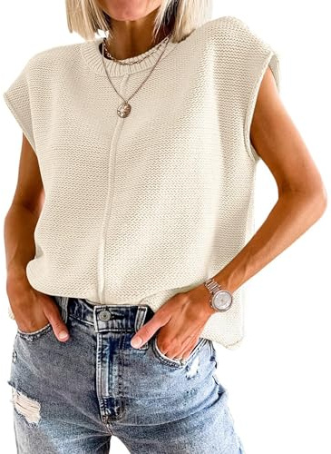 Jhsnjnr Womens Crew Neck Vest Plain Sleeveless Sweater Tank Tops Stylish Casual Summer Capped Sleeve Knit Jumper Apricot