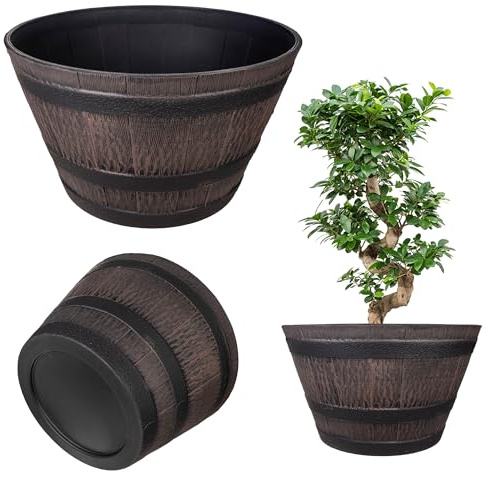 KADAX Växtkruka i träfatsdesign, Ø 40 cm, i väderbeständig plast, för trädgård, terrass och balkong, dekorativ blomkruka, brun/svart, damm med vattenhink