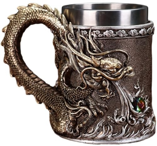 Keuyeo 600ml Vintage Dragon Beer Tankard 304 Stainless Steel Medieval Beer Stein Cup Resin Coffee Beer Mug for Party Bar