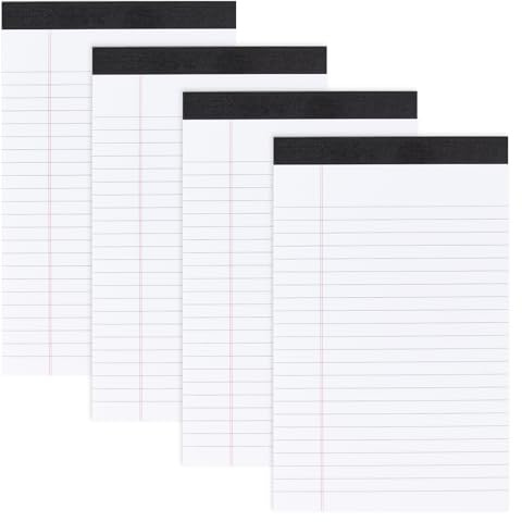 Lot de 4 blocs légaux A4, bloc-notes, 50 feuilles lignées, papier ligné A4, papier d'écriture double face, bloc-notes pour l'école, la maison, le bureau, 21,4 x 29,6 cm, blanc