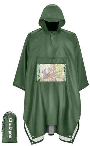 Chakipee regn vattentät poncho vuxen återanvändbar regnkappa lätt med transparent ficka, packbar poncho multifunktion, gRÖN, 3XL-4XL