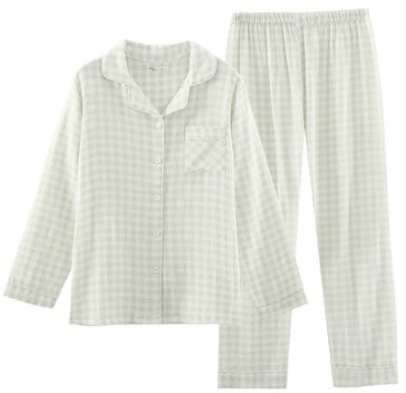 Generisch Women's Flannel Double Layer Gingham Pyjama Set for Women, Lightweight Summer Sleepwear and Homewear, Stylish and Comfortable Loungewear & Rhododendron, Green, XXL