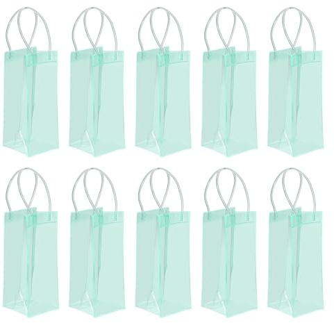 PATIKIL Ice Wine Bag, 10 Pcs Portable Collapsible Clear Wine Pouch Cooler Clear PVC Gift Bags with Handles for Champagne Party Outdoor Cold Beer Chilled Beverages, Cyan