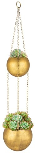 Oairse Gold Hanging Plant Pot Metal Hanging Planter with Chains Round Galvanized Planter Indoor/Outdoor Decorative Flower Pots for Home Decor, Balcony, Balcony, Garden, 15.5cm 12cm