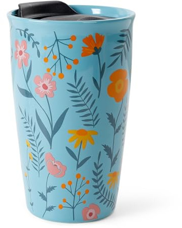ANTIS'S HOME Keramik Coffee to go Becher mit Silikondeckel, Doppelwandiger Thermobecher 280 ml, Blau Blumenmuster Isolierter Porzellan Kaffeebecher für Auto & Büro, Wiederverwendbarer Trinkbecher
