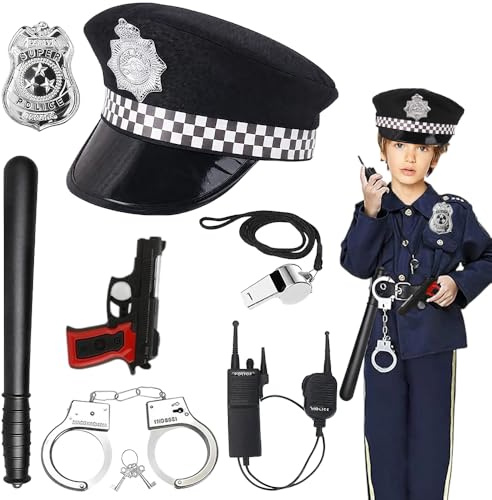Rppiup Polizei Kostüm Kinder, 7 Stück Handschellen Kinder Police Set, Polizeikostüm Ausrüstung Inklusive Mütze Handschellen Abzeichen Und Anderes Zubehör für Jungen Mädchen Halloween Karneval