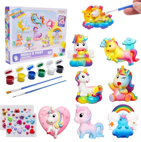 VOSSOT Platre Pour Moulage Enfant Figurine À Peindre - 8 Figurines Licorne En Plâtre Prêtes À Décorer, Kit Créatif DIY Avec 2 Feuilles Strass Autocollants, Cadeau Déco