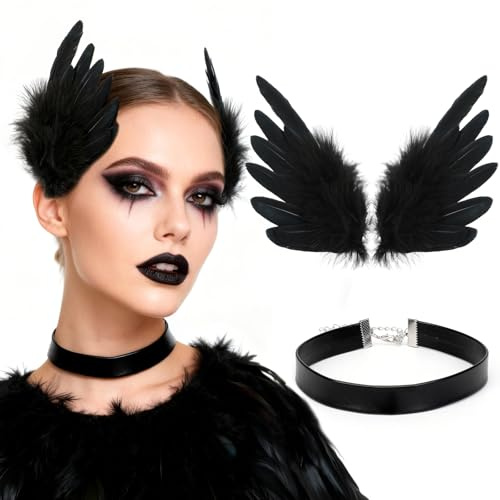 MWOOT Svart fjäder hårklämma, fjäder huvudbonad för kvinnor, änglavingar fjäder hårtillbehör med choker halsband för halloween, karneval, cosplay-fest