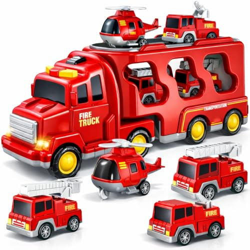 BLmukce 5-i-1-brandbilsspel för små barn pojkar & flickor, friktions-biltransportör med ljus & ljud, födelsedagspresent för barn 4 5 6 år