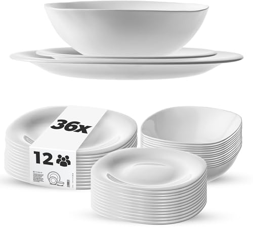KADAX Juego de vajilla para 12 personas, 36 piezas, servicio de mesa con plato hondo, plato de postre y platos llanos, vajilla, juego de platos (blanco)