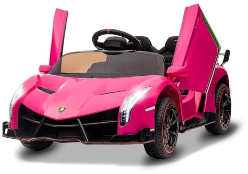 Euker Lamborghini Kinder-Elektroauto 12V mit 2 Motoren & Fernbedienung für Kinder 3-8 Jahre – Inkl. Hupe, Bluetooth-Musik, USB und Vorwärts-/Rückwärtsfahrt (3-7 km/h), für Kinder ab 3 Jahre (Rosa)