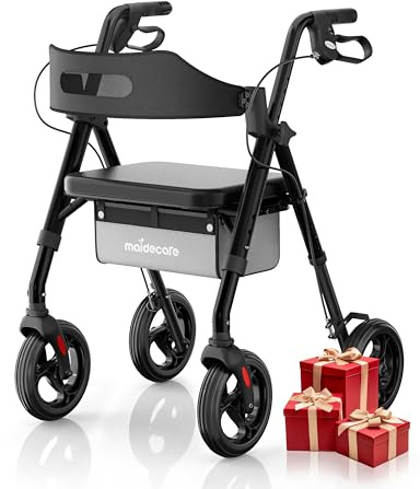 Rollator Walker with Seat and Wheels for Elderly, 4 Wheels Rollators for Seniors and Disabled, Walking Aid Foldable with Brake, Adjustable Handles and Seat Height, 8 All-Terrain Wheels, Black