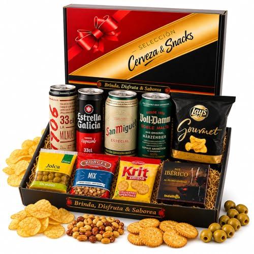 Cesta de Cerveza para Regalo con cerveza Estrella Galicia, Paté Ibérico, aceitunas y Picoteo · Pack Cervezas para Regalar Hombre, Cumpleaños y Día del Padre · Selección Cervezas & Snacks ACROL