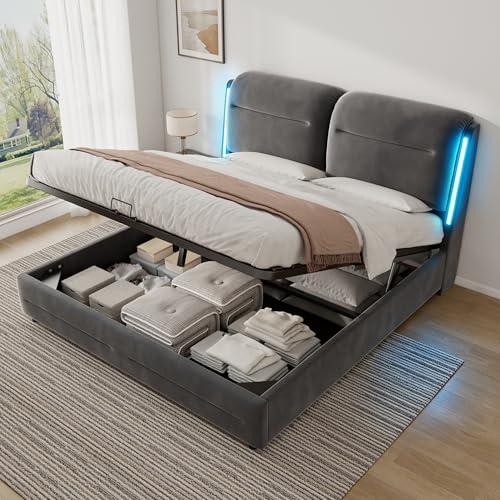 ZUUYEE Doppelbett Polsterbett 140x200 mit Stauraum und LED, Hydraulische Bett mit Kopfteil, Bettgestell mit Metallrahmen Bettkasten und Lattenrost, Samt, Grau, Bett 140x200, ohne Matratze