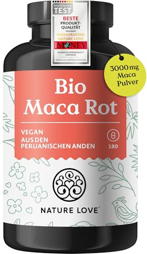 NATURE LOVE® Bio Maca Rot - 180 Kapseln - 3000mg pro Tagesdosis (entspricht 12.000mg Maca Wurzel) - Mit natürlichem Vitamin C - Zertifiziert Bio, hochdosiert, vegan, in Deutschland produziert