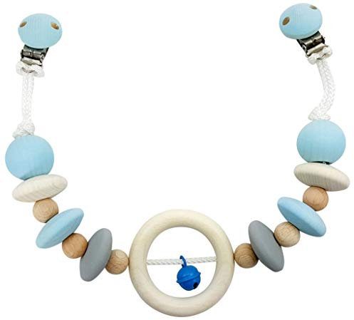 Rudolphs Schatzkiste Cadena para cochecito de bebé, anillo azul, 490 x 35 x 70 mm, con clip de fijación, figura de madera, juguete de madera, diseño creativo