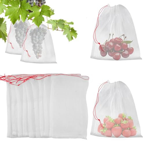 KINGLAKE 20Pcs Fruit Protection Bags, 15x25cm Garden Plant Protect Mesh Bags Fruit Netting Bags for Strawberry Grape Vegetables, Nylon Insects Mosquito Bug Barrier Net Bags with Drawstring