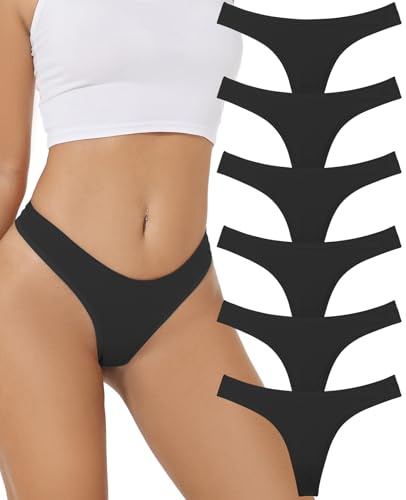 Sunm Boutique Cotton Thongs for Women, No Show Underwear for Women Pack, Sexy Low Rise Ladies Panties (6 Pack, Medium, Black)
