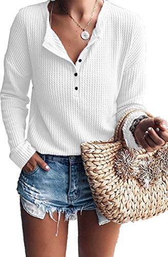 WNEEDU Donna Magliette Maniche Lunghe Maglione Bottoni Waffle a Maglia Henley Camicetta Scollo a V