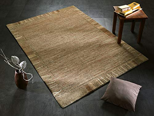 Steffensmeier Nepal Teppich Jhawani | Wolle (Schurwolle), Bordüre Streifen Natur, Größe: 70x140 cm, Wollteppich für Wohnzimmer und Schlafzimmer