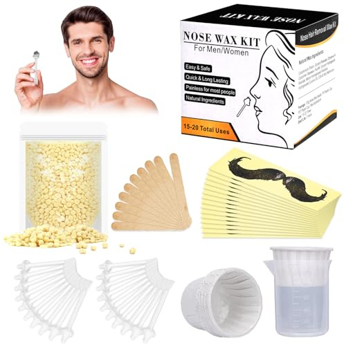 Nose Wax Kit for Men Women, Yovanpur Nose Hair Waxing Kit with 100g Nose Hair Wax Beads (15-20 USES), 20 Applicator, 15 Mustache Protector, 10 Paper Cups, 1 Measuring Cup - Easy, Quick and Painless