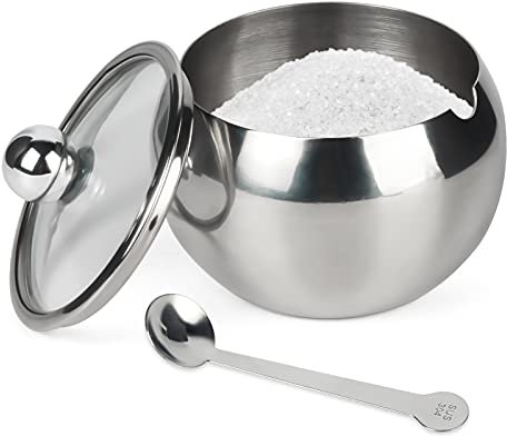 Hanmir Zuckerdose, Edelstahl-Zuckerdose mit transparentem Deckel und Löffel, trommelförmig, kleiner Gewürzbehälter für Zuhause und Küche, 240 ml