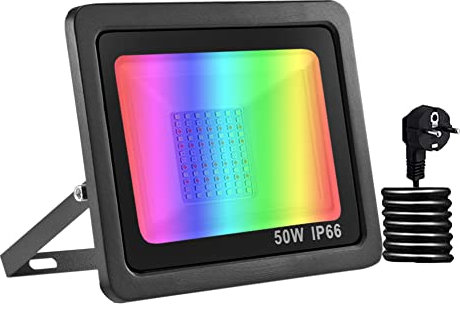 Bikuer RGB LED Strahler 50W Fluter Außen Strahler 16 million Farben und 20 Modi Smart LED Flutlichtstrahler, IP68 Außenstrahler Wasserdicht LED Flutlicht, Garten Stimmungslichter