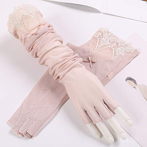 Sonnenschutzhandschuhe Frauen UPF50 + Lange Spitze Ärmel Eisdraht Arm Set Half Finger Driving Anti-Rutsch-Sonnenblende (Color : Pink-c, Size : One size)