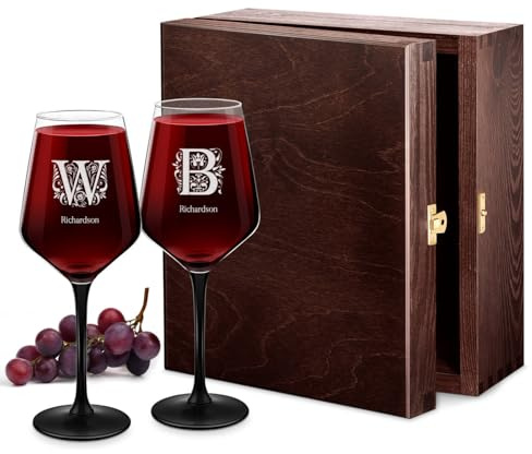 Maverton Set of 2 Engraved Glasses with Black Stem, Elegant Design | Personalized for Couples, Wedding and Anniversary Glassware