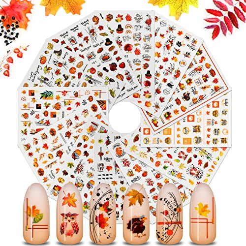 MWOOT 12 Stück Thanksgiving Sticker Nägel 3D, Nail Art Sticker Set Ahornblätter Herbst, DIY Nagelkunst Zubehör Aufkleber für Thanksgiving, Nagel Abziehbilder Decals für Nagelstudio