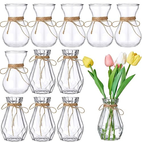 Lallisa 12 Stück Knospenzwiebel-Zwangsvasen für Tafelaufsätze, dekorative kleine Glasblumenvasen mit Schnüren, klare Hyazinthen-Vase, Pflanzenbehälter mit runden und Rauten, facettiert für Hochzeit,