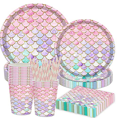 Udbrud Mermaid Party Tableware Set, 84 Pieces Mermaid Birthday Party Accessories Mermaid Decoration for Birthday Parties, Theme Parties, Anniversaries and Celebrations