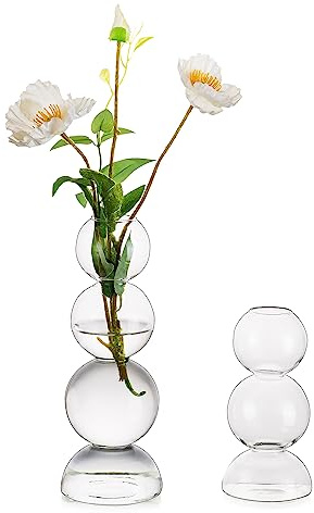 Glass Bubble Vases for Flowers, Hewory 2pcs Clear Unique Cute Single Flower Vase for Centerpieces, Funky Aesthetic Vase Skinny Bud Vase, Cool Groovy Decor for Home Living Room Bedroom Office Tabletop