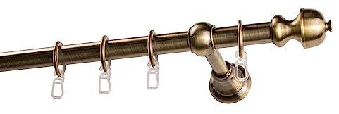 Garesa Gardinenstange Andrea Ø 20mm, 1-läufig, Messing, antik I Stabile Vorhangstange inkl. Ringe + Faltenlegehaken I Mit Endknopf Profil klein I 100cm