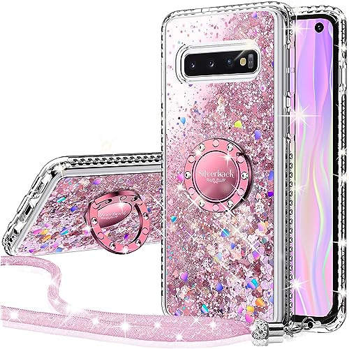 Miss Arts für Samsung Galaxy S10 Hülle, Glitzer Handyhülle mit Ring & Band | Rosa,Silikon Flüssigkeit Clear Case, Treibsand Schutzhülle für Mädchen
