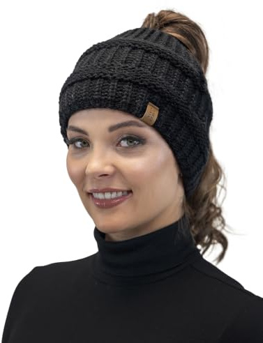 VIVISENCE Damen Winter Mütze Mit Pferdeschwanzöffnung Flexiblem Gummiband Herbst Warme Beanie Perfekt Für Kalte Wintertage Modell 7075