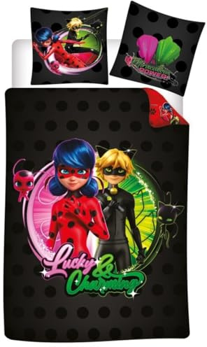 Parure de Lit Miraculous 1 Personne, Housse de Couette Ladybug & Chat Noir 140x200 cm + Taie d'oreiller 65x65 cm, Polycoton