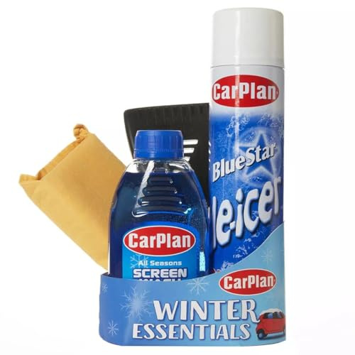 CarPlan Winter Essentials Kit, 4 Piece Set - Ice Scraper, De-Icer Spray, Windshield Washer Fluid & Window Demister Pad