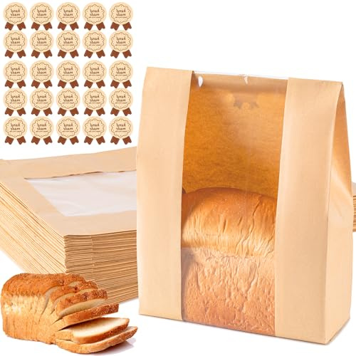 Papier-Brotbeutel, 25 Stück, Sauerteig-Brotbeutel für hausgemachtes Brot, große Bäckereibeutel mit Fenster, inklusive 25 Etiketten-Siegel-Aufkleber für hausgemachtes Brot (34,8 x 21,1 x 8,9 cm)