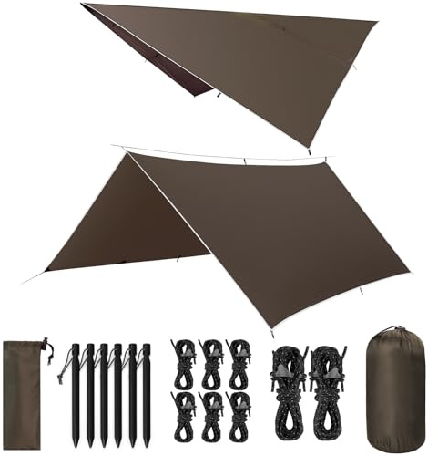 VOSOIR Bâche Anti-Pluie, 3x3M Camping Bâche Rain Tarp, Toile de Tente Imperméable Anti-UV, Léger Portable, avec 9 Oeillets +Clou en Aluminium+Corde à Vent, Randonnée, Hamac, Extérieur(Brun Foncé)